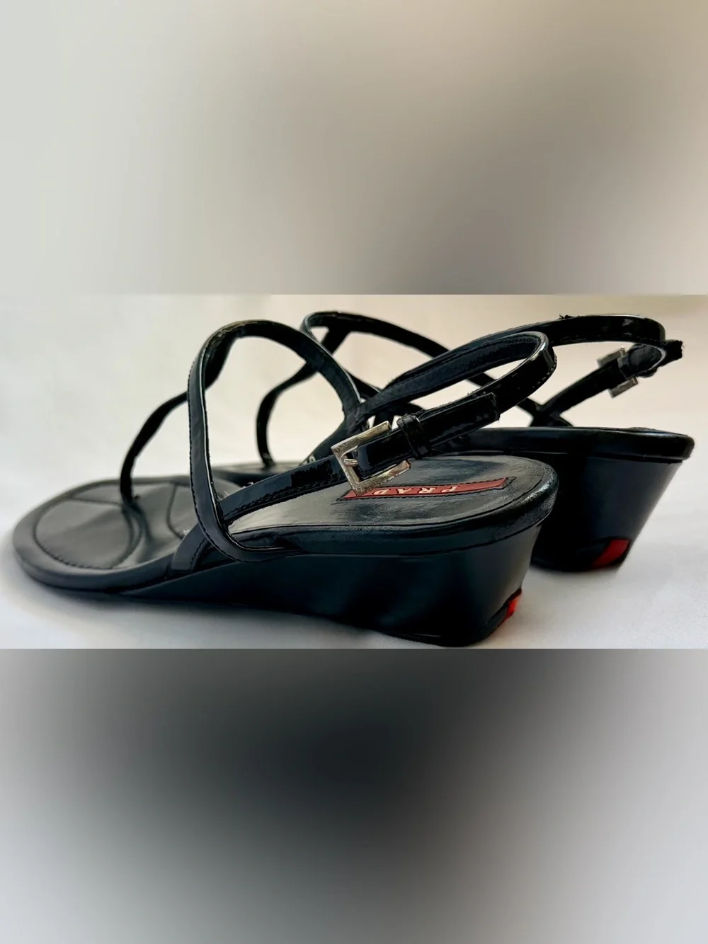Prada Linea Rossa Vintage Y2K Black Patent Leather T-Strap Wedge Sandals 39 US 8